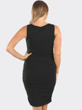 A woman in black bamboo maternity bodycon fitted dress, back (2194218287207)