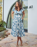 Front view- maternity v neck floral dress blue