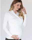 Maternity V-Neck Crossover Bamboo Long Sleeve Top - White