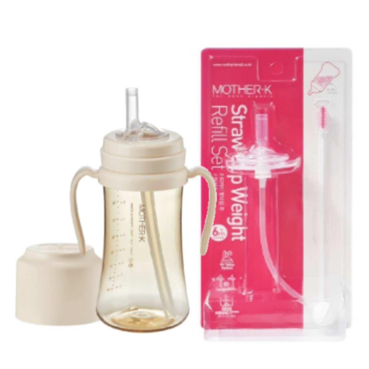 Mother-K PPSU Straw Bottle 300mL (Cream) & Weight Refill Set (with brush)
