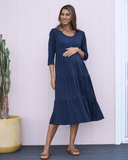 Essential Maternity Tiered Midi Dress in Navy - Angel Maternity USA