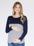 Cleo Maternity Zipper Nursing Long Sleeve Top in Navy Stripe
