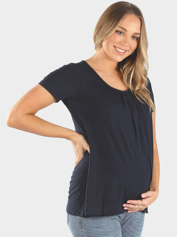 Maternity & Nursing Petal Front Short Sleeve Top in Navy