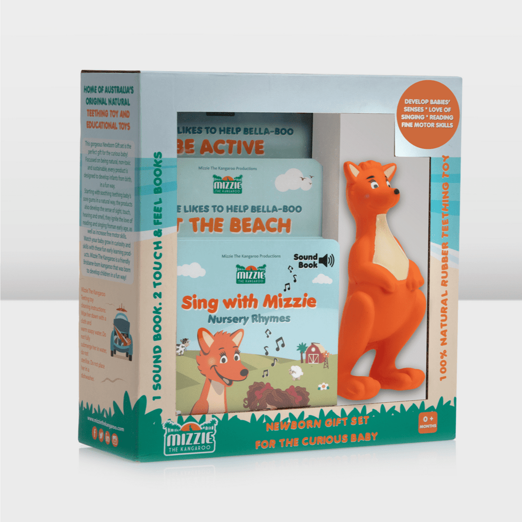Mizzie the Kangaroo Newborn Gift Pack for the Curious Baby front angled view