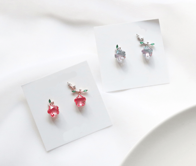 Ladies costume jewellery - Apple Earrings from Korea feature a gradient apple cubic stone and green cubic stone as leaves. Sold by Haru Hana Little Ones Boutique Australia.
