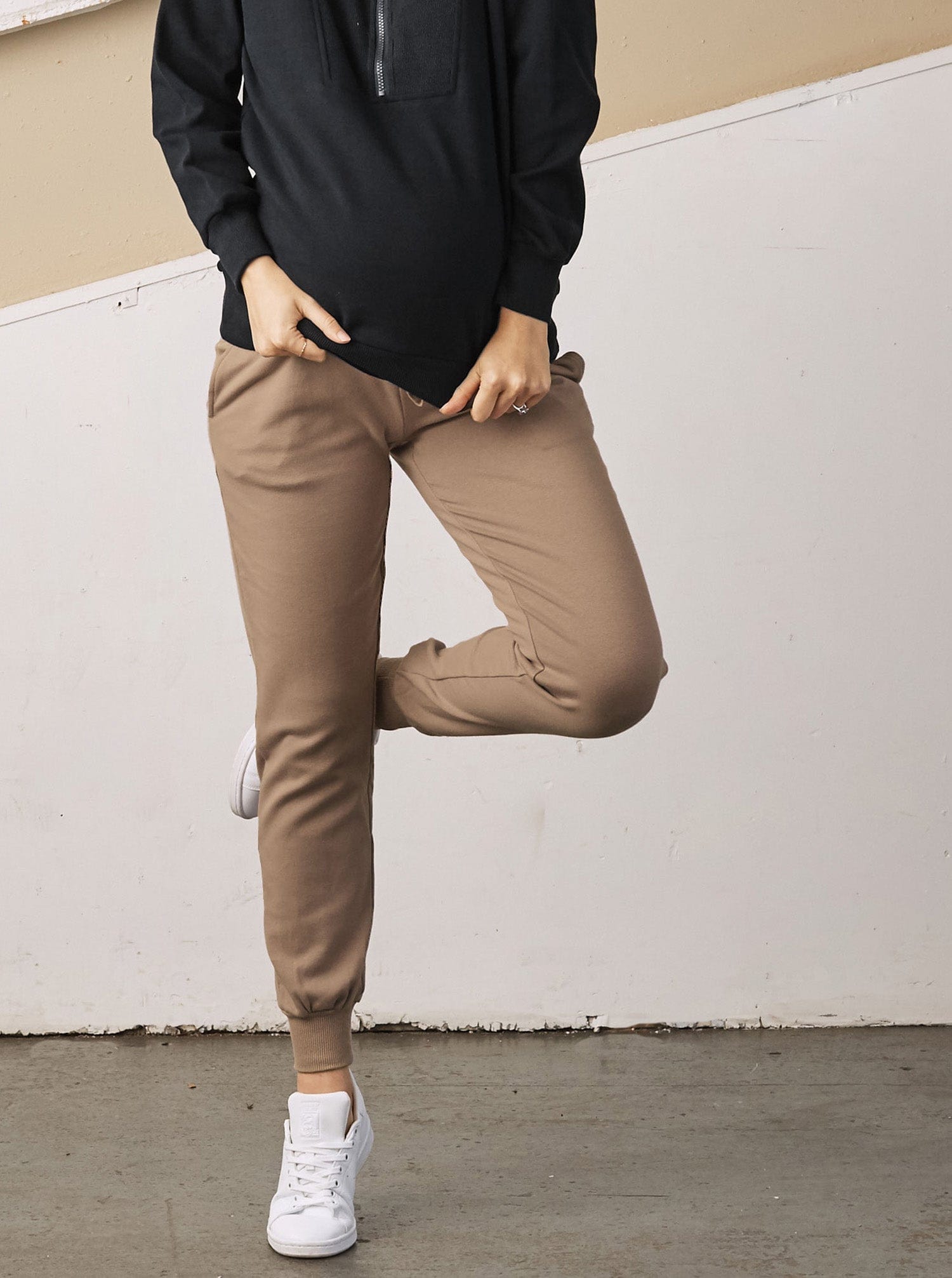 Main View - A Pregnant Woman in Calla Maternity Cotton Sweatpants in Iced Coffee Color from Angel Maternity (6728293679198)