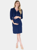 A women in navy knit ribbed maternity button front nursing dress standing, front